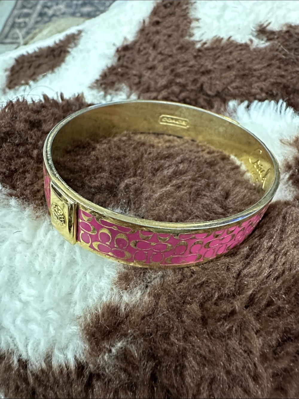 Coach Signature Pink Enamel Bangle Bracelet - Gold Tone